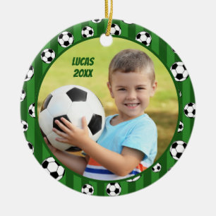 Kids Soccer Ball Pattern Two Photo Christmas Ceramic Tree Decoration