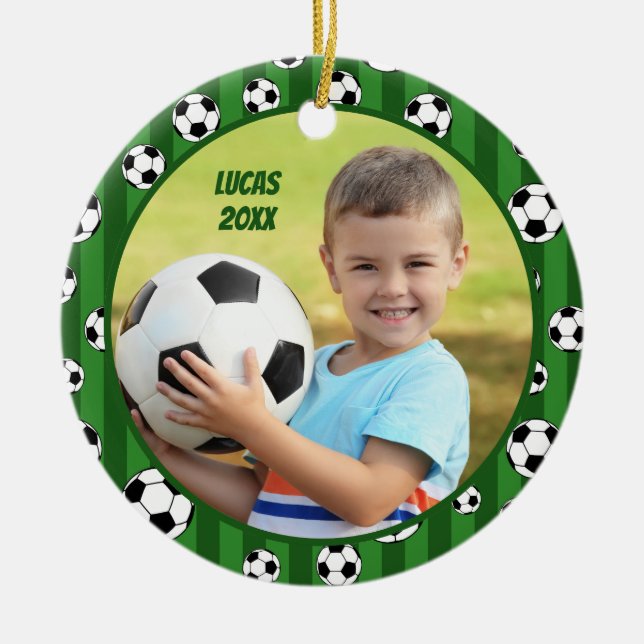 Kids Soccer Ball Pattern Two Photo Christmas Ceramic Tree Decoration (Front)