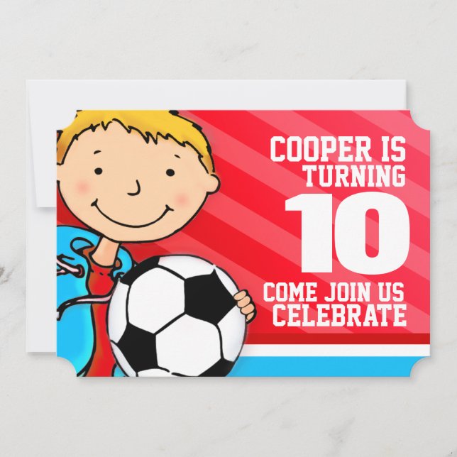 Kids soccer football 10th birthday red invite (Front)