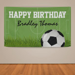 Kids Soccer Football Birthday Party Banner<br><div class="desc">Soccer themed happy birthday banner featuring a green football pitch,  lush green grass,  a soccer ball,  and a childrens party banner template.</div>