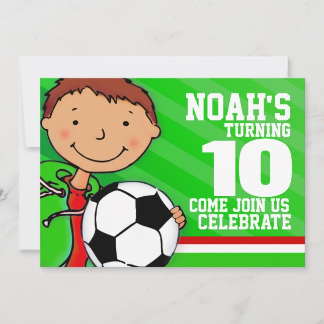Kids soccer / football green 10th birthday invite (Front)
