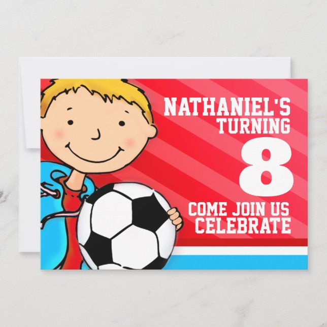 Kids soccer / football sports birthday red invite (Front)