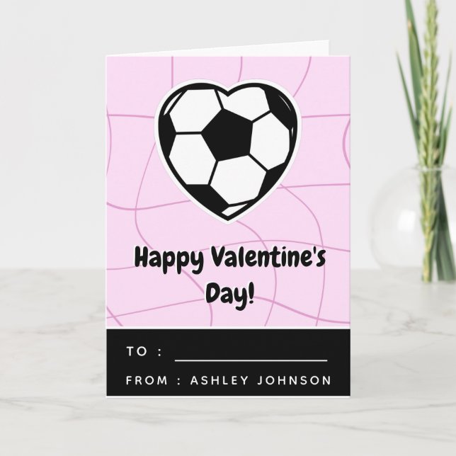 Kids Soccer Heart Classroom Valentines Day Pink Card (Front)