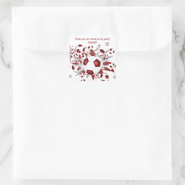 Kids soccer party maroon soccer balls stars square sticker (Bag)
