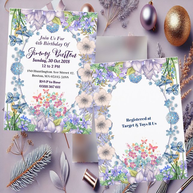 Kids Soft Pastel Blue Blooms Oval Floral Birthday Invitation (Kids Soft Pastel Blue Blooms Oval Floral Birthday Invitation)