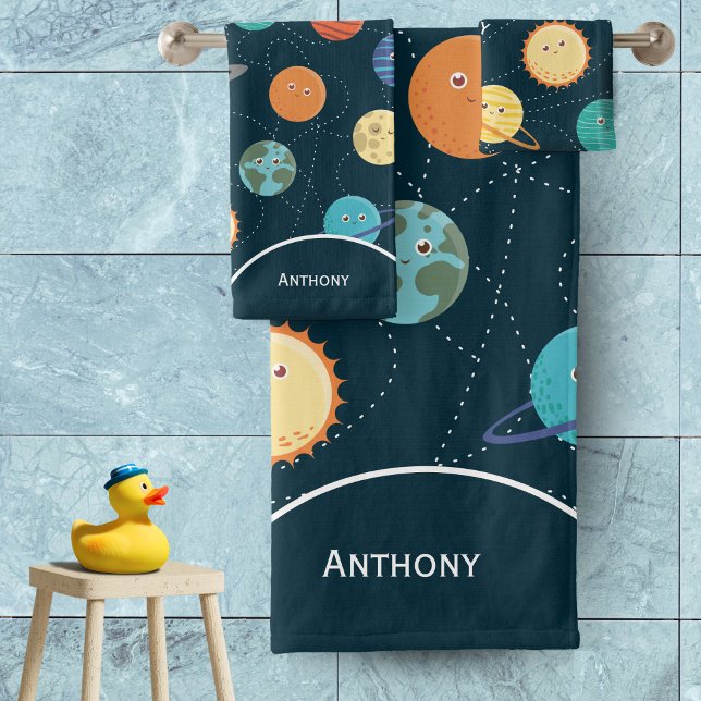 Kids Solar System Planets Pattern Blue Bathroom Ba Bath Towel Set (Creator Uploaded)