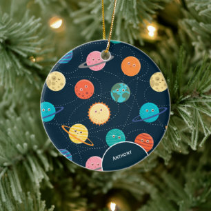 Kids Solar System Planets Pattern Blue Christmas C Ceramic Tree Decoration