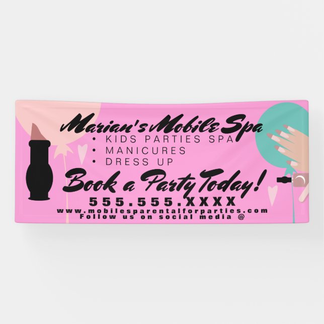  Kids Spa Bus Party Rental Pink  Banner (Horizontal)
