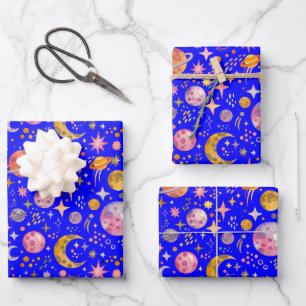 Kids space planet blue colour background gift wrapping paper sheet