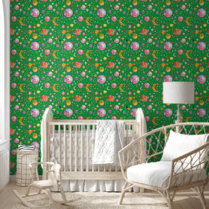 Kids space planet green background peel and stick wallpaper