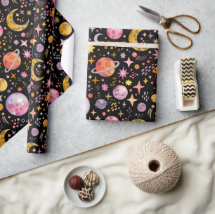 Kids space planet moon stars black colour gift wrapping paper