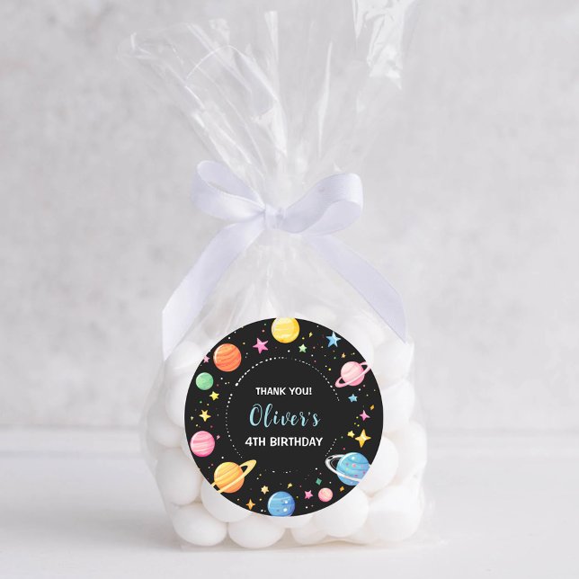 Kids Space Planets and Stars Birthday Thank You Classic Round Sticker (Creator Uploaded)