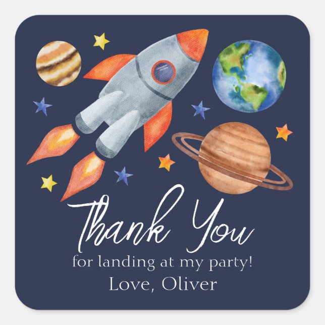 Kid's Space Theme Birthday Thank You Square Sticker (Front)