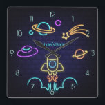 Kids Space Themed Neon Light Square Wall Clock<br><div class="desc">Customisable to your specifics. Please note that the neon effect is simulated and does not actually light up.</div>