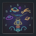 Kids Space Themed Neon Light Square Wall Clock<br><div class="desc">Customisable to your specifics. Please note that the neon effect is simulated and does not actually light up.</div>