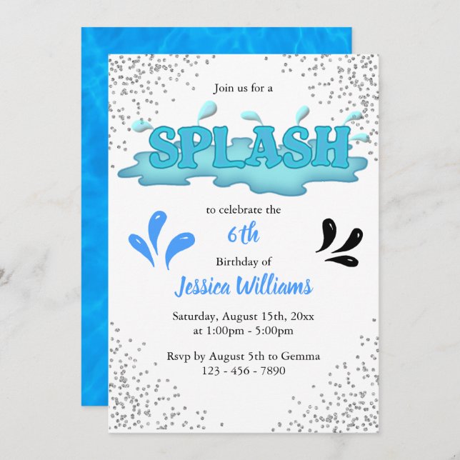 Kids "Splash" Pool Party 6th Birthday Invitation (Front/Back)