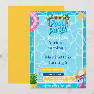 Kids Splash Pool Party Double Birthday Invitation