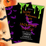 Kids Spooky Halloween Birthday Party Invitation<br><div class="desc">Are you searching for a fun spooky Halloween birthday party invitation that will give your guests goosebumps? Look no further than this invitation featuring green slime and purple bats on a black backdrop. Use the design tools to personalise the text,  font and colours. Also available as digital download.</div>