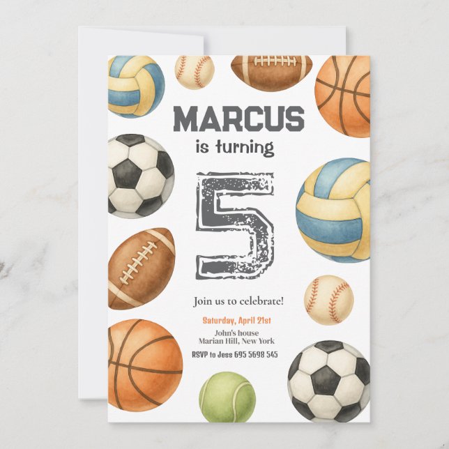 Kids Sports Ball Watercolor Birthday Party Invitation (Front)
