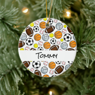 Kids Sports Balls Player NAME Little League Fun Ceramic Tree Decoration