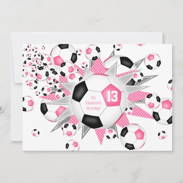 kids sports birthday pink black soccerball blowout announcement (Front)