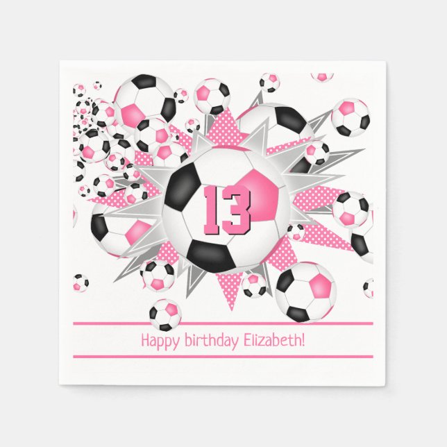 kids sports birthday pink black soccerball blowout napkin (Front)