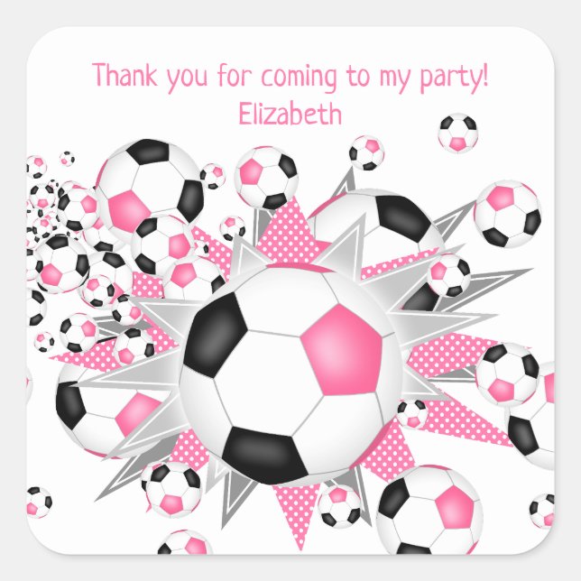 kids sports birthday pink black soccerball blowout square sticker (Front)
