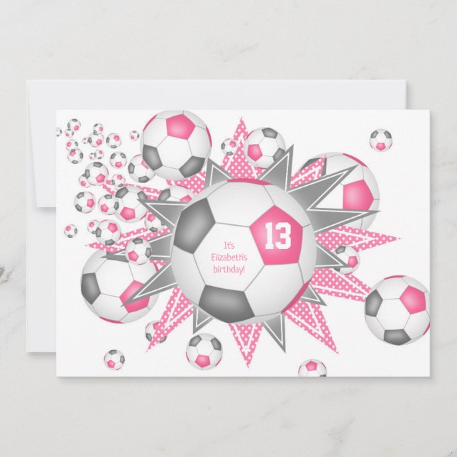 kids sports birthday pink grey soccer ball blowout announcement (Front)