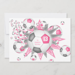 kids sports birthday pink grey soccer ball blowout announcement
