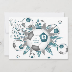 kids sports birthday teal grey soccer ball blowout announcement