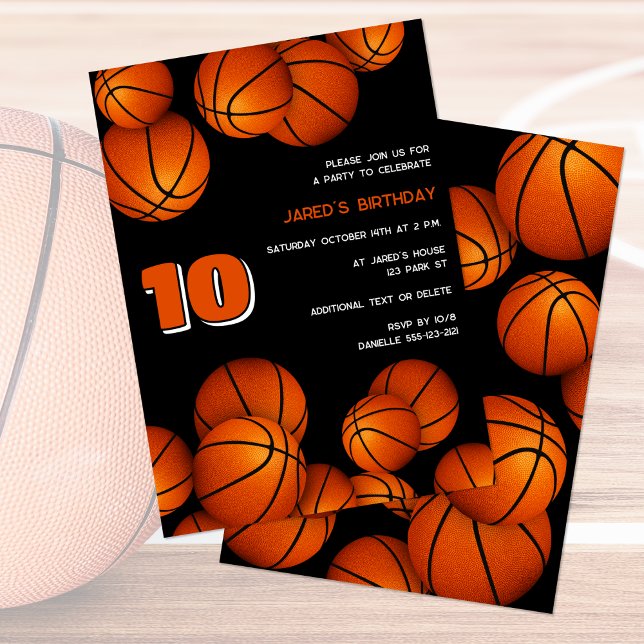 kids sports custom basketball birthday party invitation (front and back)