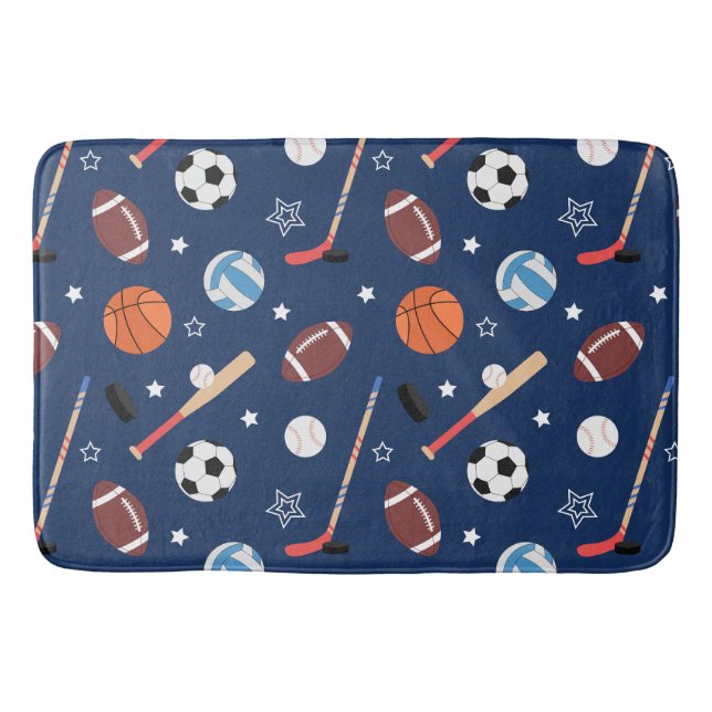 Kids Sports Equipment Pattern on Blue Bathroom Bath Mat (Front)