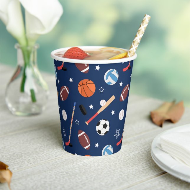 Kids Sports Equipment Pattern on Blue Birthday Paper Cups (Insitu)