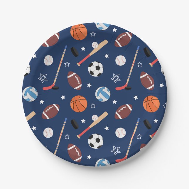 Kids Sports Equipment Pattern on Blue Birthday Paper Plate (Front)