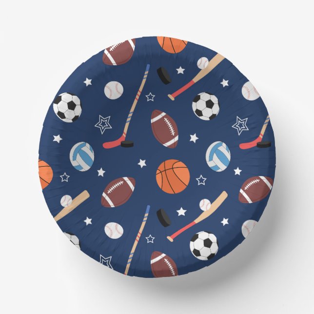 Kids Sports Equipment Pattern on Blue Birthday Paper Plate (Front)