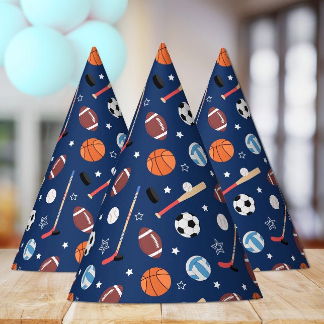 Kids Sports Equipment Pattern on Blue Birthday Party Hat (Creator Uploaded)
