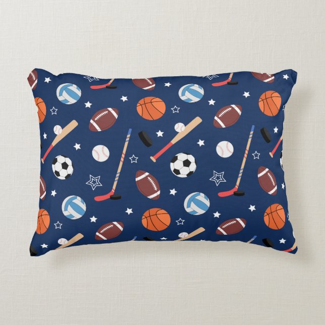 Kids Sports Equipment Pattern on Blue Decorative Cushion (Front)