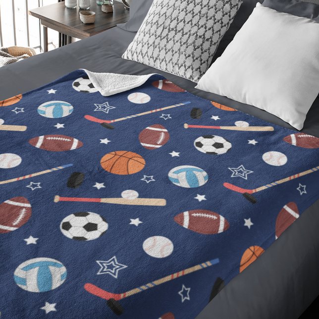 Kids Sports Equipment Pattern on Blue Fleece Blanket (Creator Uploaded)