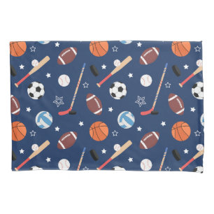 Kids Sports Equipment Pattern on Blue Pillowcase