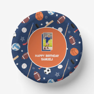 Kids Sports Pattern Blue & Orange Birthday Photo Paper Plate