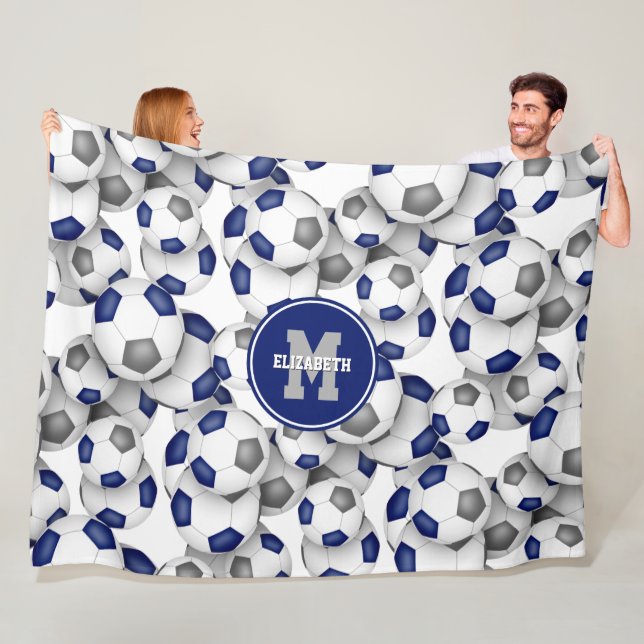 kids sports room blue grey soccer team colours  fleece blanket (In Situ)