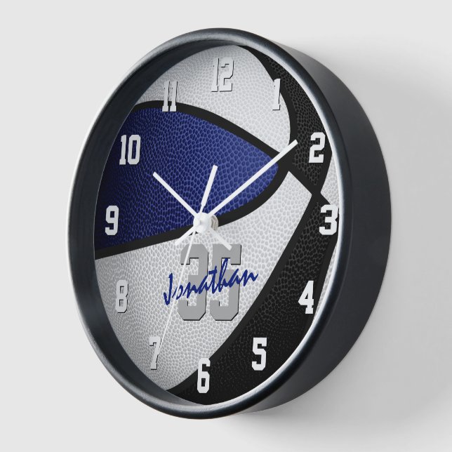 Kids sporty blue black basketball room decor   clock (Angle)