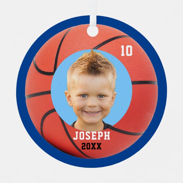 Kids Sporty Blue Photo Basketball Metal Tree Decoration (Front)