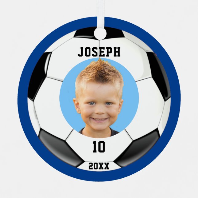 Kids Sporty Blue Photo Soccer Metal Tree Decoration (Front)