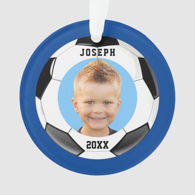 Kids Sporty Blue Photo Soccer  Ornament (Front)