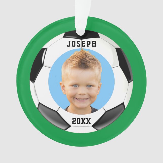 Kids Sporty Green Photo Soccer Ornament (Front)