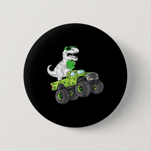 Kids St Patricks Day T Rex Riding Monster Truck Di 6 Cm Round Badge (Front)