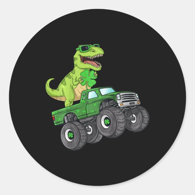 Kids St Patricks Day T Rex Riding Monster Truck Di Classic Round Sticker (Front)