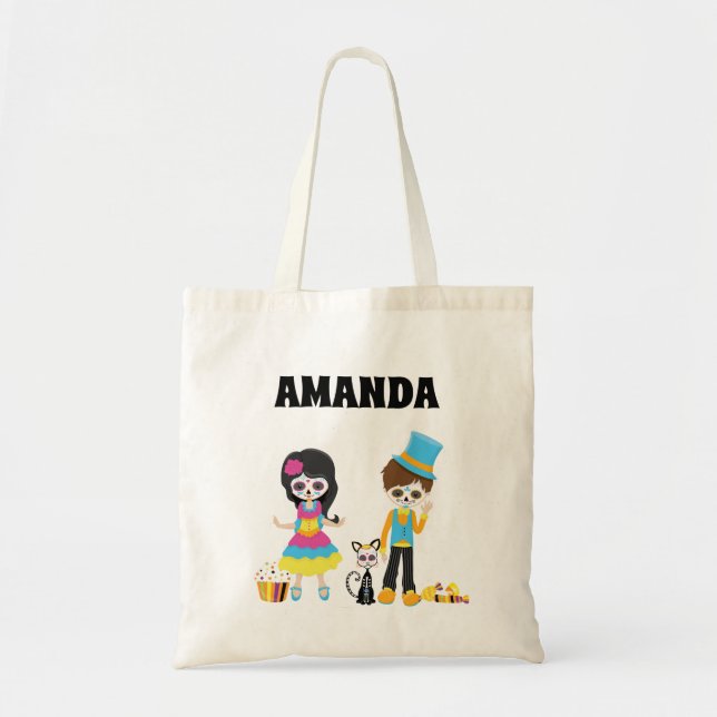 Kid's Sugar Skull Personalised Halloween trick  Tote Bag (Front)