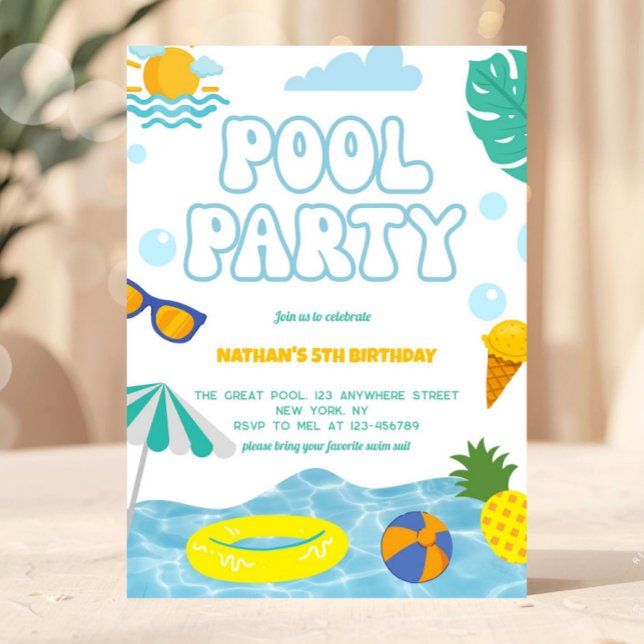 Kids Summer Fun Pool Party Birthday Invitation (pool party invitation, summer birthday invite, kids pool party, swim party invitation, beach birthda)